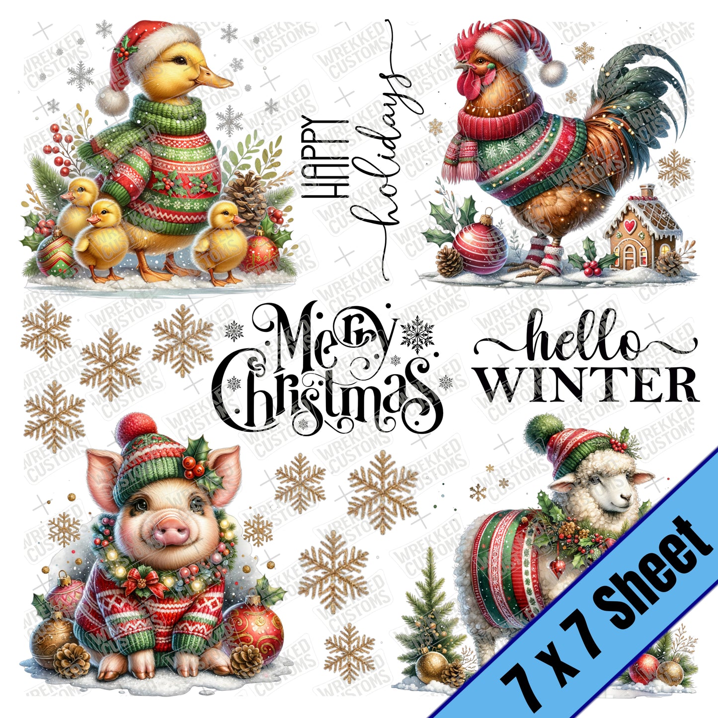 Farm Animals in Winter Sweaters #1 (duck, pig...) (7x7)