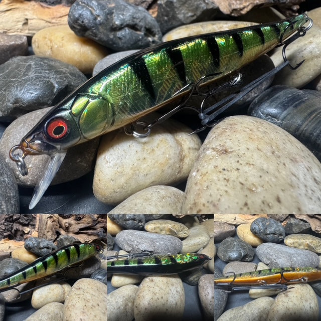 110 Green Perch Foil Sides Downward Red Eye Jerkbait