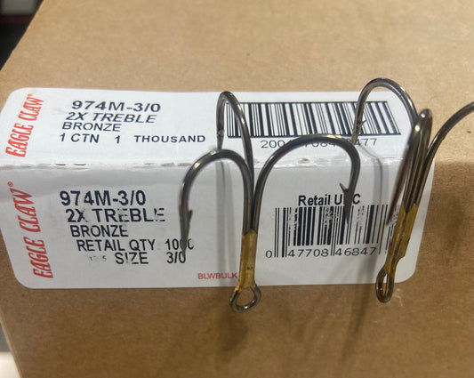 10 Pack Eagle Claw 974 2X Regular Shank Straight Point Size 3/0 Treble Hooks
