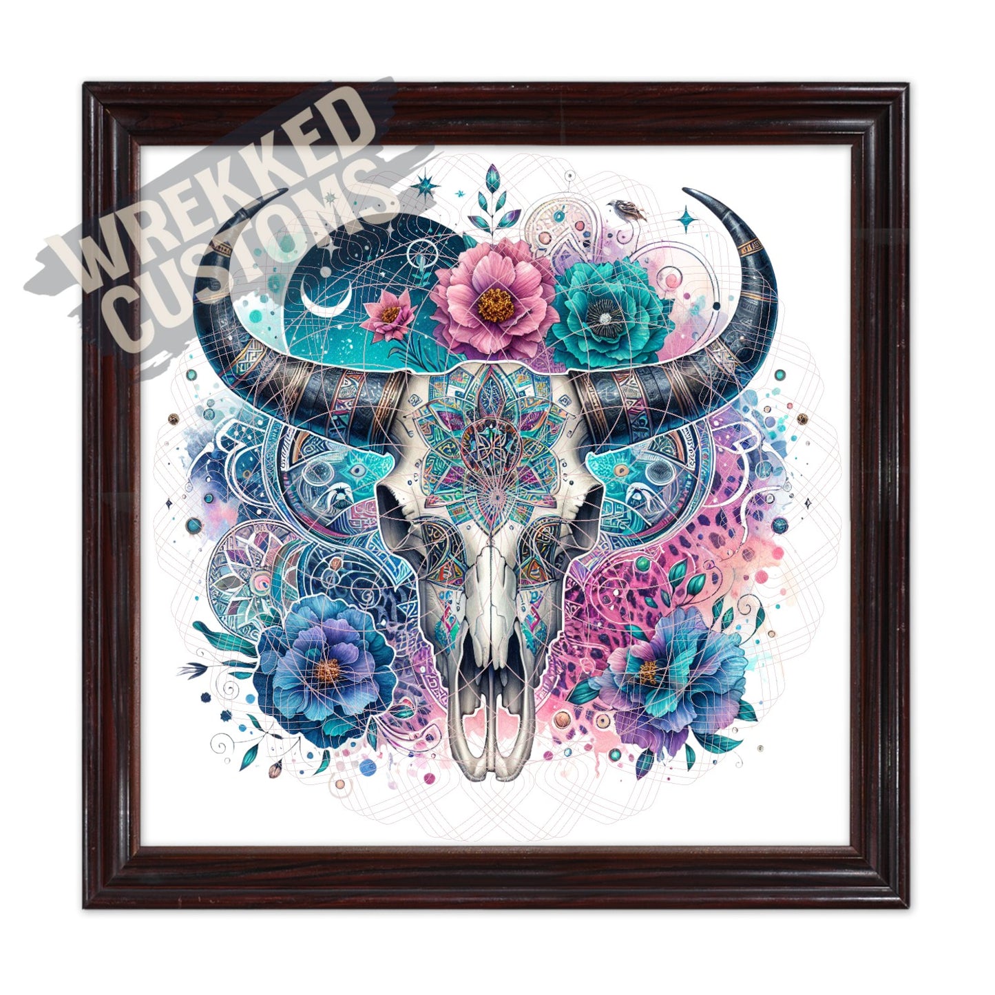 Cow Skull Pink Blue Flowers