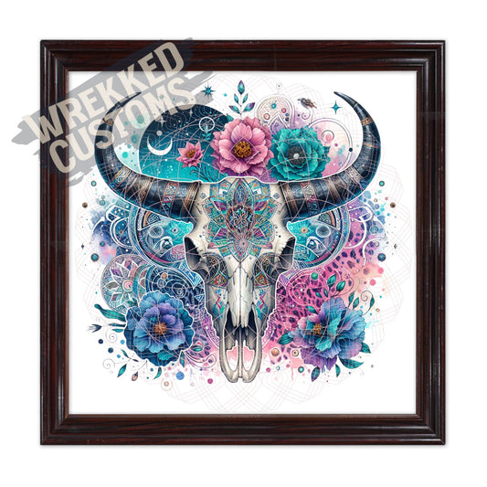 Cow Skull Pink Blue Flowers