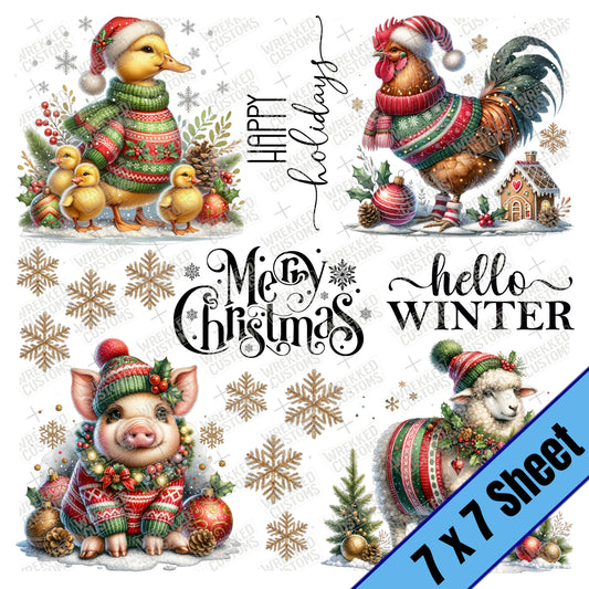 Farm Animals in Winter Sweaters #1 (duck, pig...) (7x7)