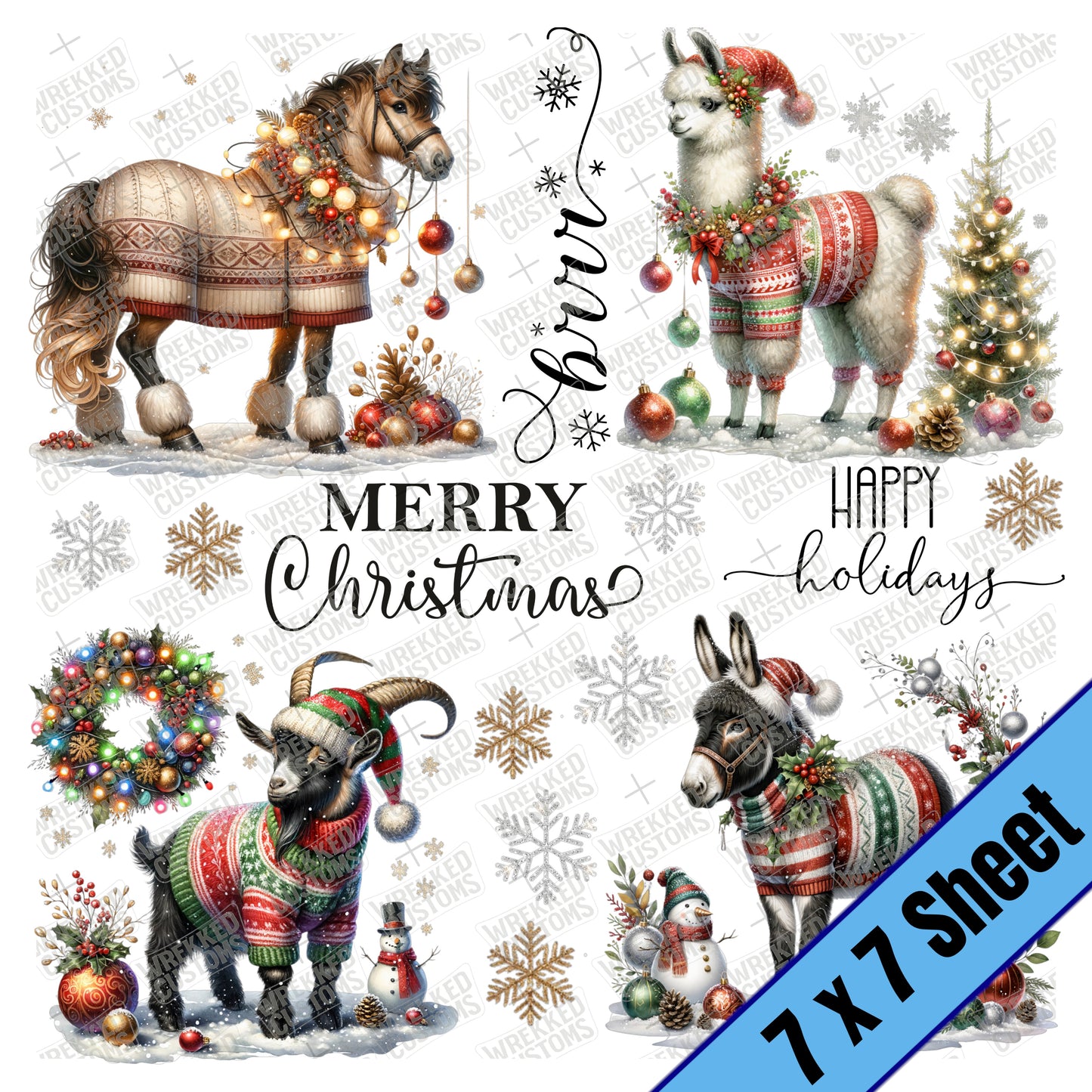 Farm Animals in Winter Sweaters #2 (Llama, donkey, goat...) (7x7)