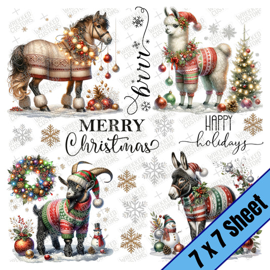 Farm Animals in Winter Sweaters #2 (Llama, donkey, goat...) (7x7)