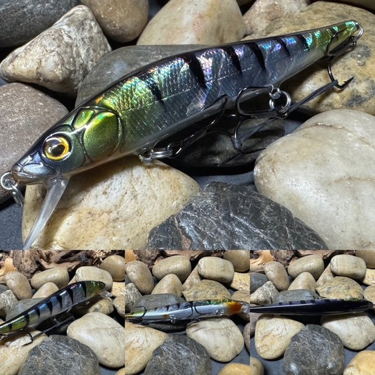 110 Black Perch Foil Sides with Silver Stomach and Downward Facing Eye Jerkbait