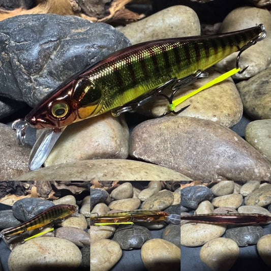 110 Green Sided Brown Barred Chrome Perch Jerkbait