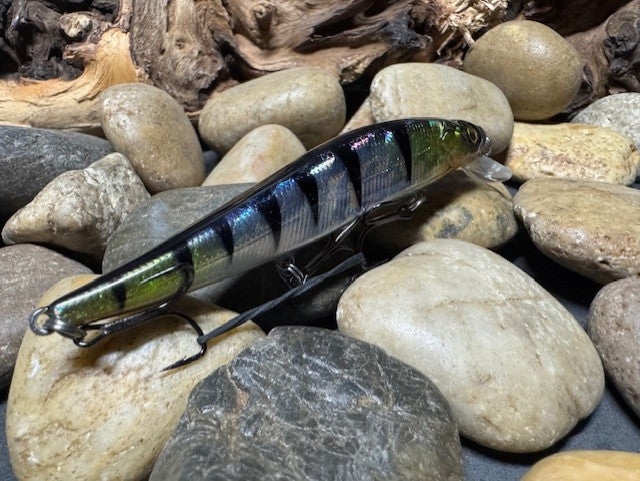 110 Black Perch Foil Sides with Silver Stomach and Downward Facing Eye Jerkbait