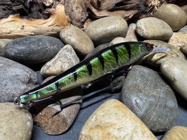 110+1 Green Sided Red Eye'd Black Foil Perch with Orange Belly Jerkbait