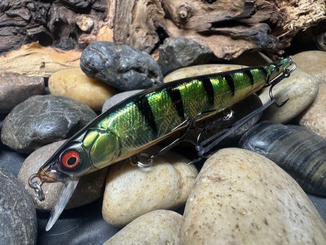 110 Green Perch Foil Sides Downward Red Eye Jerkbait