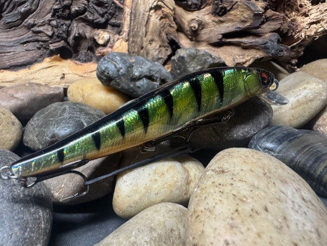 110 Green Perch Foil Sides Downward Red Eye Jerkbait