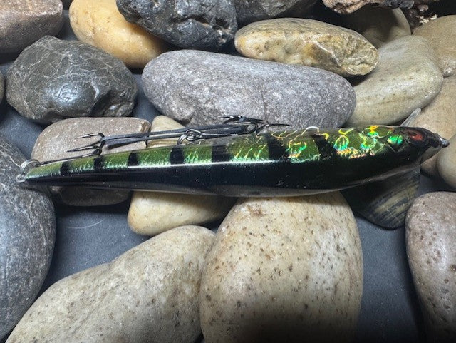 110 Green Perch Foil Sides Downward Red Eye Jerkbait